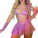 Rave Outfits for Women Festival Clothing Shiny Metallic Bra Swing Mini Skater Skirt Dance Sexy Lingerie Set Bikini Swimsuits Alien Costume Halloween Cowgirl Cosplay Bathing Suits Hot Pink Large