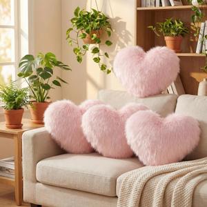 Maitys 4 Pcs Heart Shaped Pillows 12 x 16 Inch Faux Fur Throw Fluffy Cute Soft Throw Pillows Decorative with Insert for Anniversary Bedroom Living Room Sofa Couch (Pink)