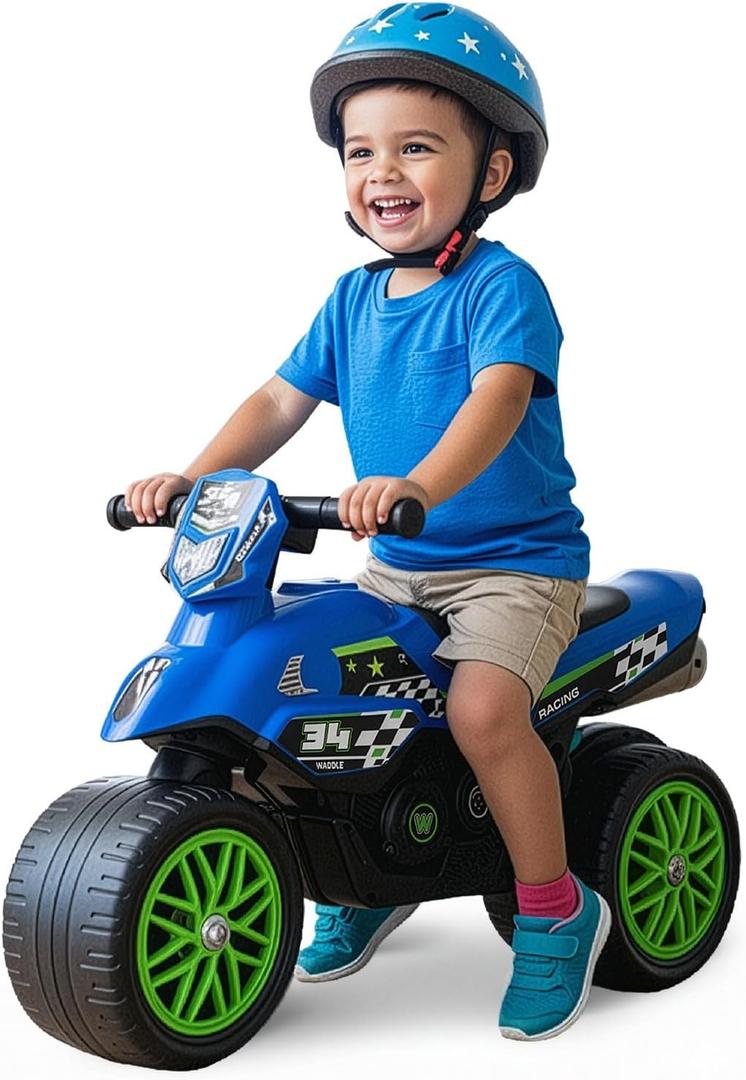 Waddle Kids Motorcycle Balance Bike - Toddler Ride on Toys w/Sounds, Wide Wheel Base, Rubber Coated Wheels, Foot to Floor Toddler Car Up to 44 Lbs, Motorbike for Kids Ages 18 Months to 3 Yrs, Blue (Large)