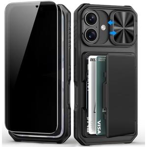 BXYJY for iPhone 17 Case Wallet，2 Privacy Screen Protectors, Card Holder (4-5 Cards), Slide Camera Cover, Military Grade Drop Prortection, Heavy Duty Men Women Phone Case for iPhone 17, Black
