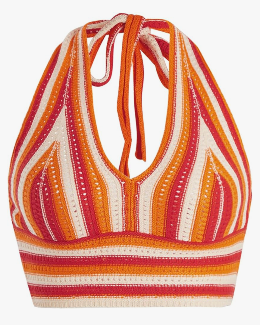 Verdusa Women's Colorblock Striped Crop Halter Top Tie Backless V Neck Going Out Tops XS