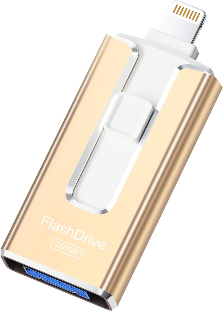 MFi Certified 256GB Flash Drive for iPhone iPad, Photo Stick for External Memory Storage, Easily Back Up and Save Photos Videos, USB Memory Stick Thumb Drive for iPhone/iPad/Android/PC (Gold, 256GB)