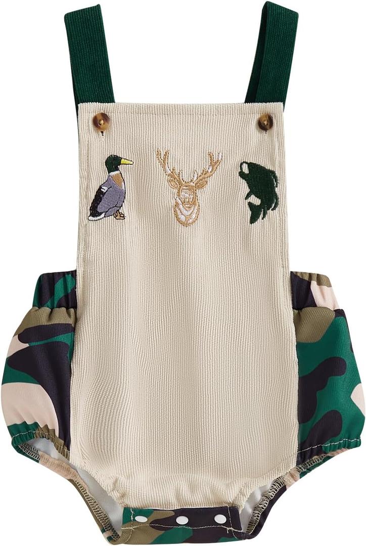 Newborn Baby Boy Hunting Clothes Animal Embroidery Romper Sleeveless Square Neck Overall Infant Summer Outfit (12-18 Months, Camouflage)