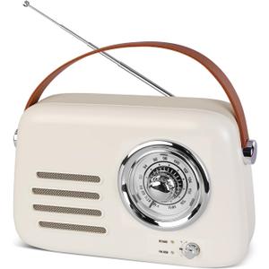 Vintage Bluetooth Speaker with FM Radio - Portable Wireless Boom Box, Over 20 Hours Battery Life Retro Radio (Bluetooth/FM/AUX/USB), Rich Bass, for Home, Office, Camping & Gifts (Beige)