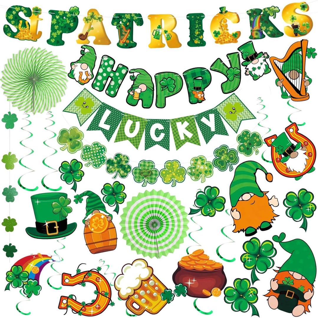 St Patricks Day Decorations,Pre-Assembled Saint Patricks Day Decorations Office Party,Shamrock Lucky Banner Garland Hanging Swirls St. Patrick's Day Decoration,Irish St Patricks Day Decor Accessories