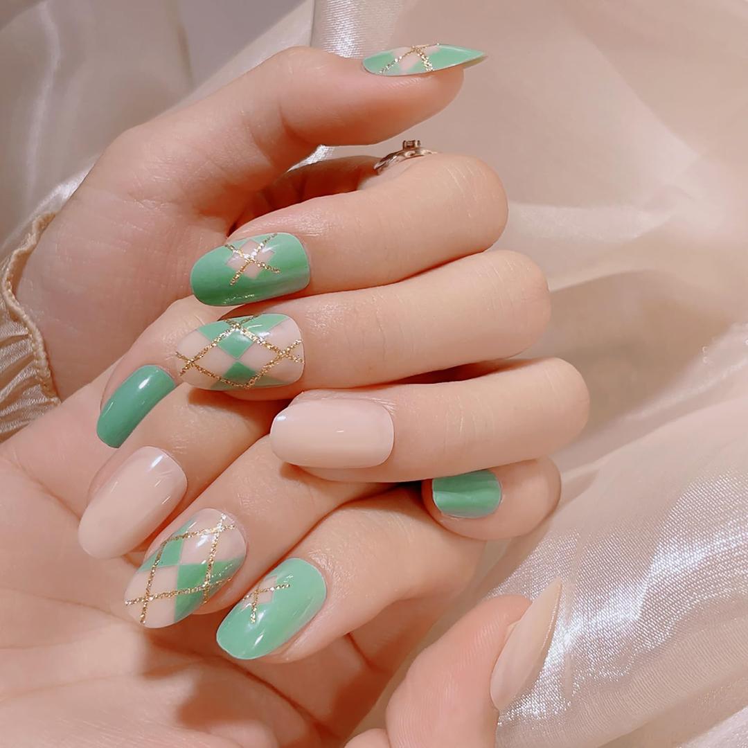24 Pcs Gold Line Press on Nails Short Almond Glossy Fake Nails Green False Nails Stick on Nails Full Cover Reusable Acrylic Nails for Women Nail Design