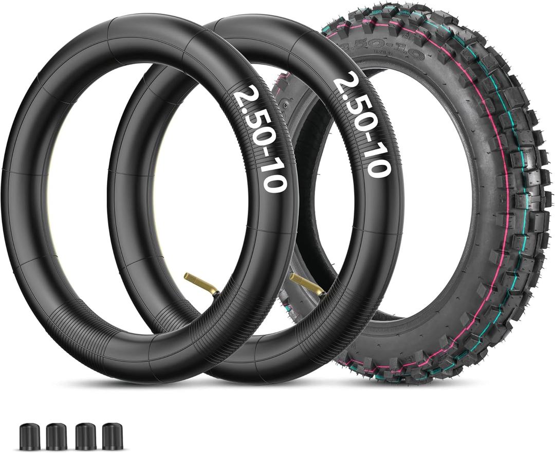 RUTU 2.50-10 Knobby Tyre 2.50-10" Front or Rear Tire with 2 TR87 Bent Valve Inner Tube Replacement for Dirt Bike Mini Road Bike & Off-Road Kids' Motorcycle XR50 CRF50 PW50 SDG107 DRZ70 JR50 50SX SX500 (2.5-10" Tire + Bent Valve inner tube)