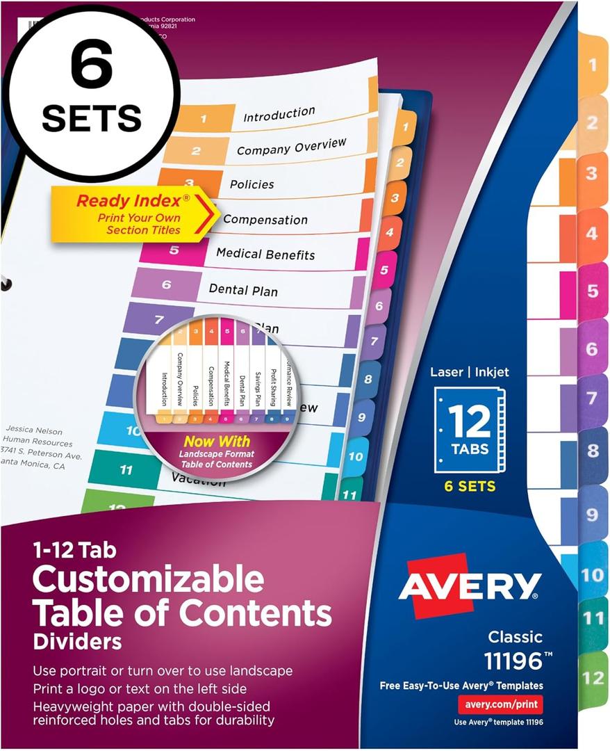 Avery 12 Tab Dividers for 3 Ring Binders, Customizable Table of Contents, Multicolor Tabs, 6 Sets (11196) (12 tabs)