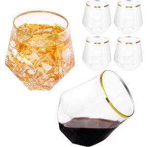 LUODA Gold Diamond Shaped Plastic Stemless Wine Glasses Set of 24, Disposable 12 Oz Gold Plastic Whiskey Glasses for Birthday, Housewarming and Weddings