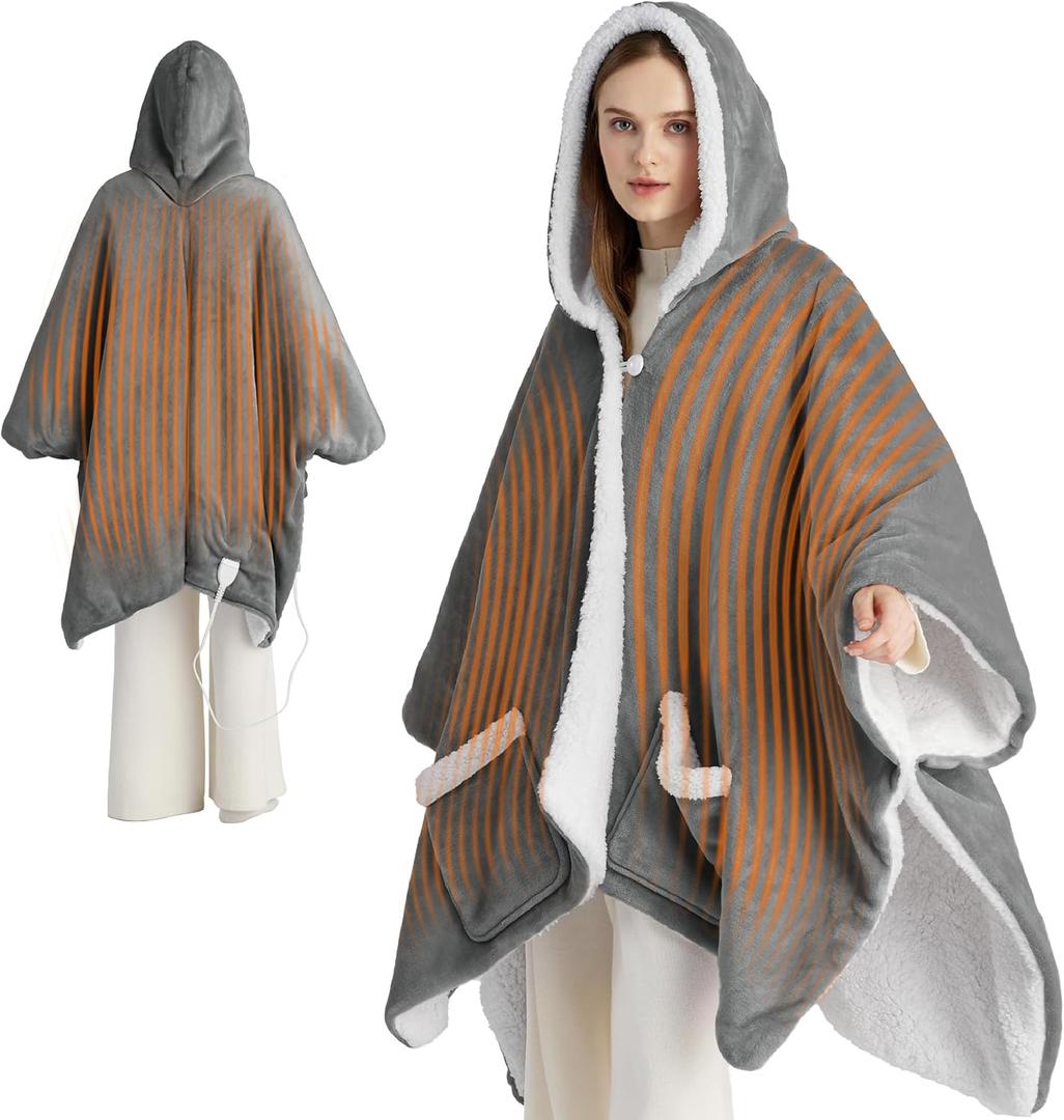 Bedsure Heated Blanket Wearable Shawl - Electric Wrap Poncho Blanket Hoodie for Adult, Birthday Gifts for Mom Women, Sherpa Heating Throw with 4 Time Settings & 6 Heat Settings, 55x64 inches, Grey, Throw