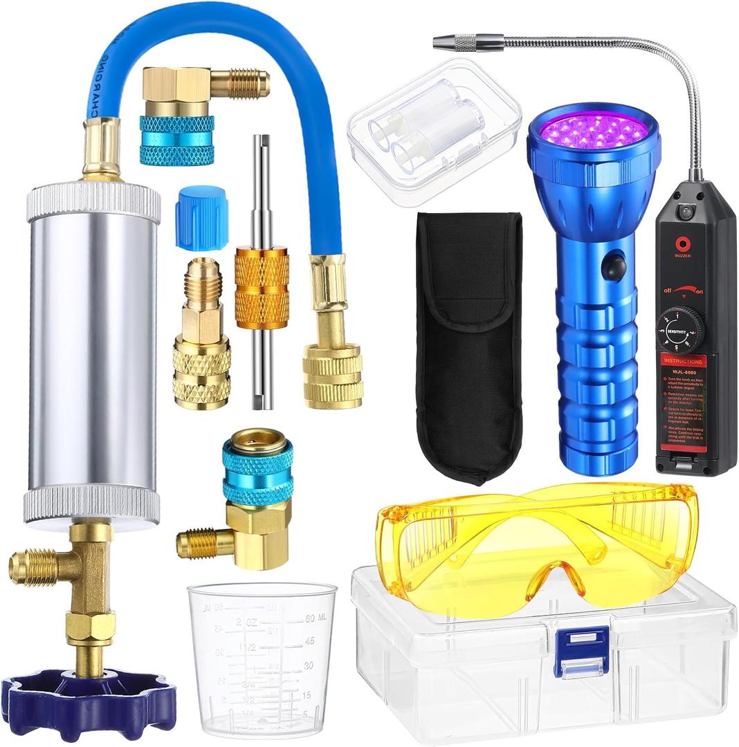 Tellegloww 8 Pcs Ac Leak Detector Kit, R1234yf R134a R410a Ac Oil UV Dye Injector Kit Refrigerant Leak Detector Tool Low Side Quick Coupler Mini Split Adapter Glasses Flashlight