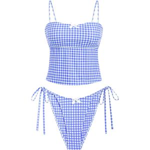 seamoly Womens Tankini Sets Sexy Open Back High Cut Cheeky Bikini Two Piece Swimsuit 2 Piece Bathing Suits Sky Blue Gingham S (S)