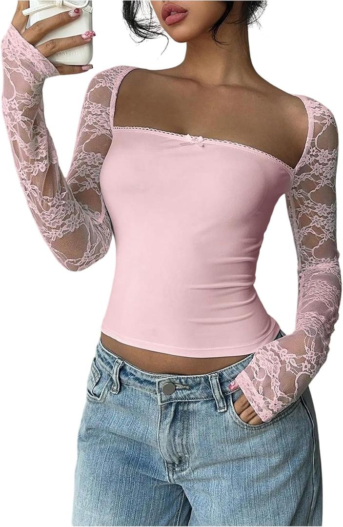 SOLY HUX Women's Lace Sheer Long Sleeve T Shirt Y2k Square Neck Slim Fit Going Out Crop Tops (Pink, S)