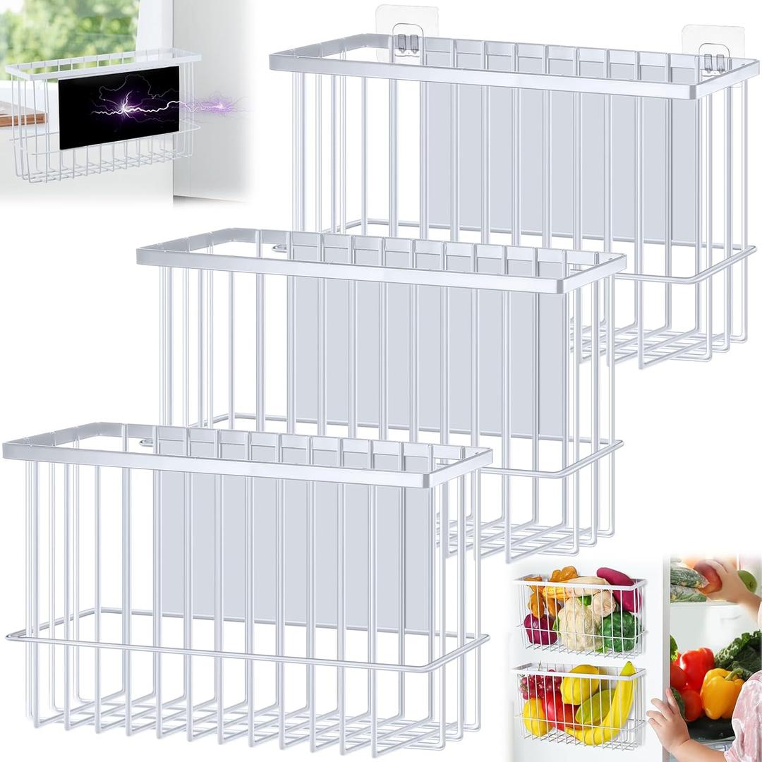Menkxi 3 Pcs Magnetic or Adhesive Refrigerator Organizer Magnetic Baskets Kitchen Holder for Refrigerator Metal Shelf Rack Storage with 2 Types of Installation(White)
