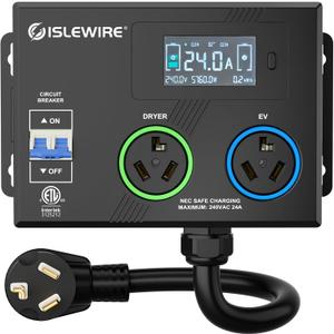 Smart Dryer Splitter for EV and Dryer, 240V Auto Power Switch for Dryer Outlet, 3-Color LED Ring, 3.4 in LCD Display, No Rewiring Needed, ETL Certified (24 Amp, NEMA 10-30)