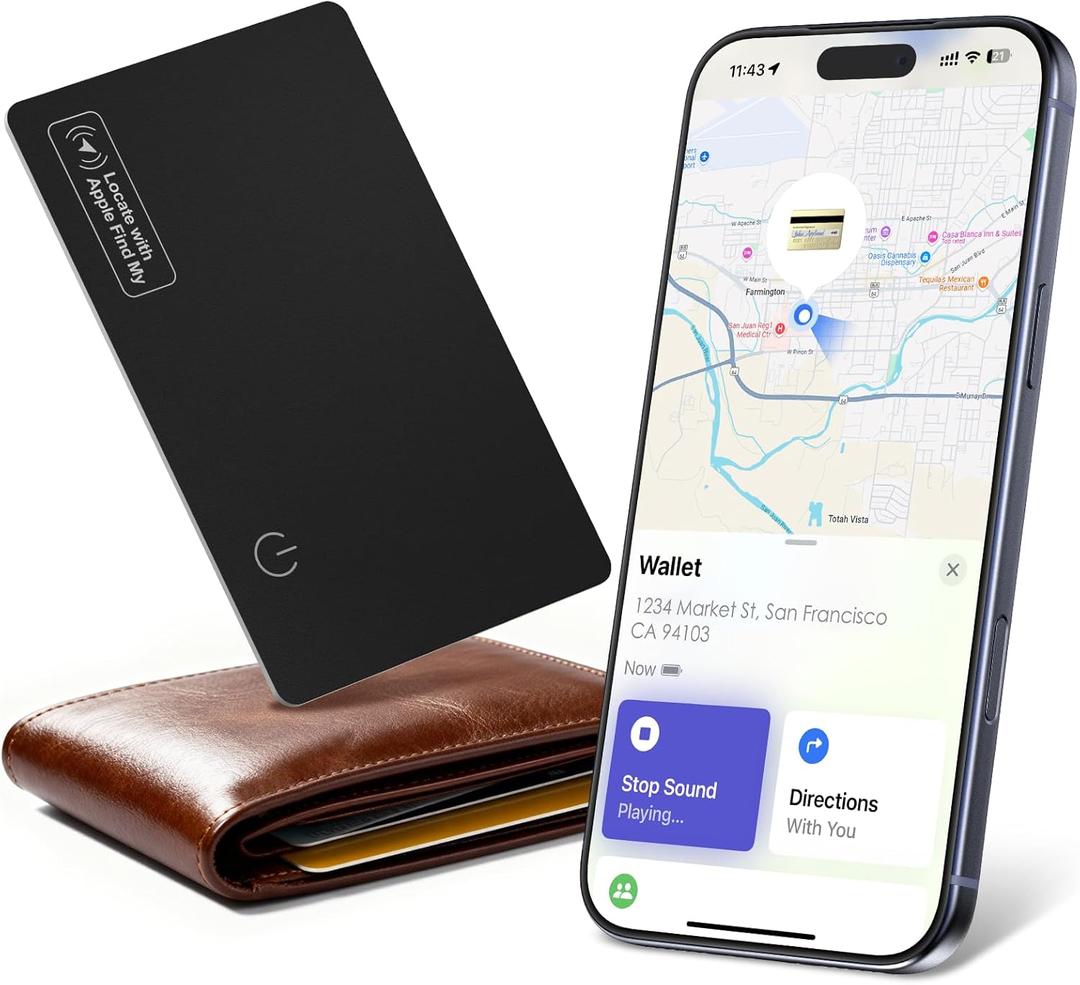 Wallet Tracker Card Air-Tag - Work with Apple Find My (iOS only), 0.07in Slim Tracking Card, IP68 Waterproof Bluetooth Tracker Finder, Apple MFi Certified, Item Locator for Luggage, Passports, Purse (Matte Black)