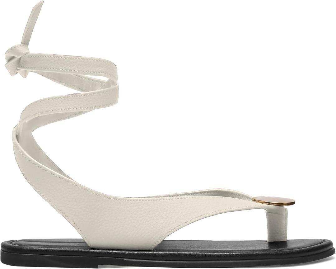 Strap Flip Flop Flat Sandals for Women with Metal Circular Ankle Strappy Ladies Fashion Cute Summer Thong Sandals Dressy. (8, White)