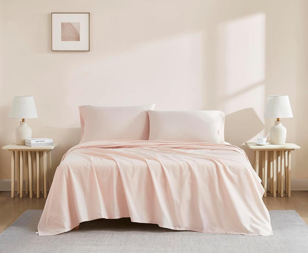 Linen Closet Luxury Cotton 144 Thread Count Organic Cotton 4-Piece Sheet Set, King, Light Pink