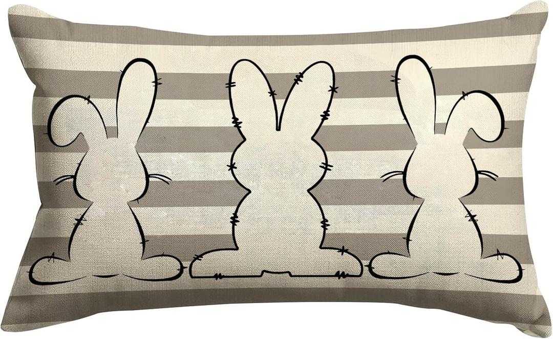 GOOESING Easter Bunny Pillow Covers 20x30 Inch Gray Stripes Rabbit Decorative Pillowcase Spring Holiday Linen Throw Pillow Case Cushion Cover for Sofa Couch Chair