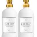 Vine Creations Glass Soap Dispenser, 2 Pack Kitchen Soap Dispenser Set with Stainless Steel Pump, 16 oz Dish Soap and Hand Soap Dispensers for Bathroom with Waterproof Labels (White) (Matte White Bottle / Gold Pump)