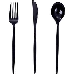 PULOTE 150PCS Black Plastic Silverware Set Disposable - Heavy Duty Black Plastic Cutlery - Black Plastic Utensils Set Include 50 Forks,50 Spoons,50 Knives for Party&Graduation