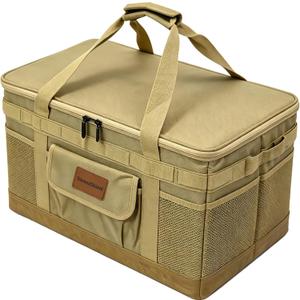 57L Tactical Camping Storage Bag - Khaki, Waterproof, Foldable Utility Tote Bag with Axe Holder, Outdoor Picnic Organizer for Camping, Hiking, BBQ,Trunk Organizer, X-Large