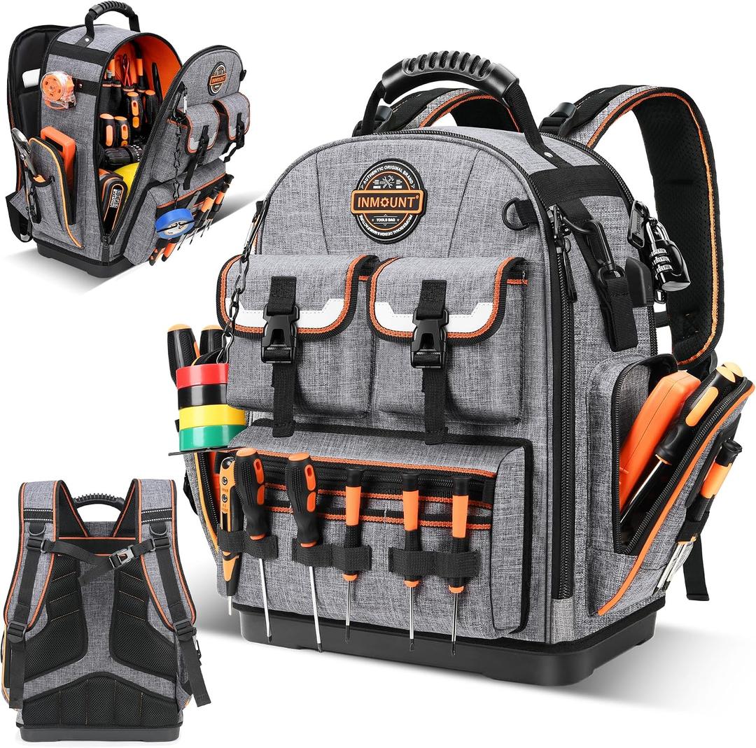 Tool Backpack Heavy Duty LOKASS Tool Backpack with Molded Base, 1680D Tool Organizer with Laptop Compartment & Combination Lock, Water-Resistant Electrician & HVAC Tool Bag, Stands Upright