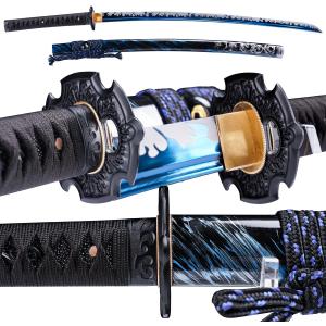 Japanese Samurai Katana Sword, 1060 High Carbon Steel Traditional Handmade, Blue Flame Full Tang, High-Performance/Razor-Sharp, Gifts for Men/Boys (28)