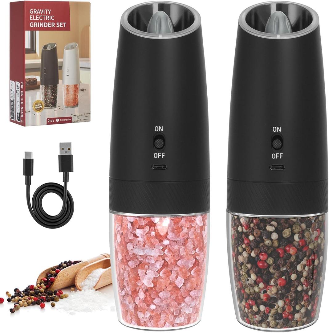 Rechargeable Salt and Pepper Grinder Set, Automatic Electric Salt and Pepper Grinder Set, USB Rechargeable, Single-handed Automatic Operation, Adjustable Coarseness and Fineness, 2 Packs (Black/Black) Rechargeable Salt and Pepper Grinder Set, Automatic Electric Salt and Pepper Grinder Set, USB Rechargeable, Single-handed Automatic Operation, Adjustable Coarseness and Fineness, 2 Packs (Black/Black)