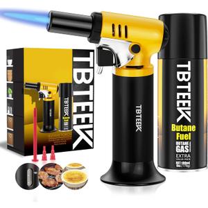 TBTeek Torch Lighter with Butane Included, T907 Butane Torch with 180ml Fuel Refill, Refiilable Kitchen Torch Lighter with Adjustable Flame for BBQ, Brulee Creme, Crafts and Soldering (1 Can)