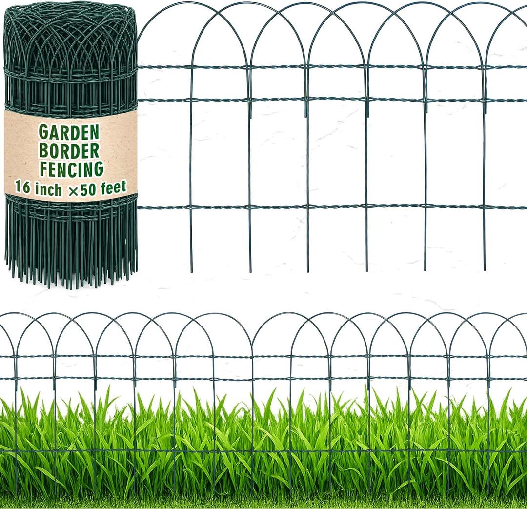 Roowest 16" x 50' Green Garden Border Fence, Metal Wire Folding Fence Roll for Outdoor Yard, Patio & Flower Bed Edging, No-dig Animal Barrier, Rustproof Decorative Landscape Fencing