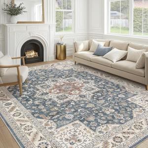 Vintage Living Room Area Rug 8x10 - Large Soft Washable Oriental Traditional Distressed Farmhouse Rugs for Bedroom - Indoor Floor Accent Carpet for Home Office House Decor - Vintage Blue