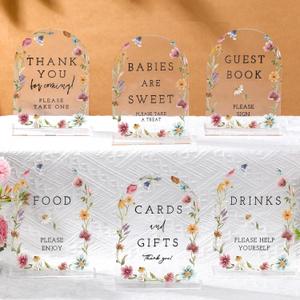 Thyle 6 Pcs Wildflowers Baby in Bloom Acrylic Baby Shower Table Decorations Sign Thank You Sign Centerpieces with Stand 8 x 10" Wedding Birthday Party Decorations for Guests Gifts