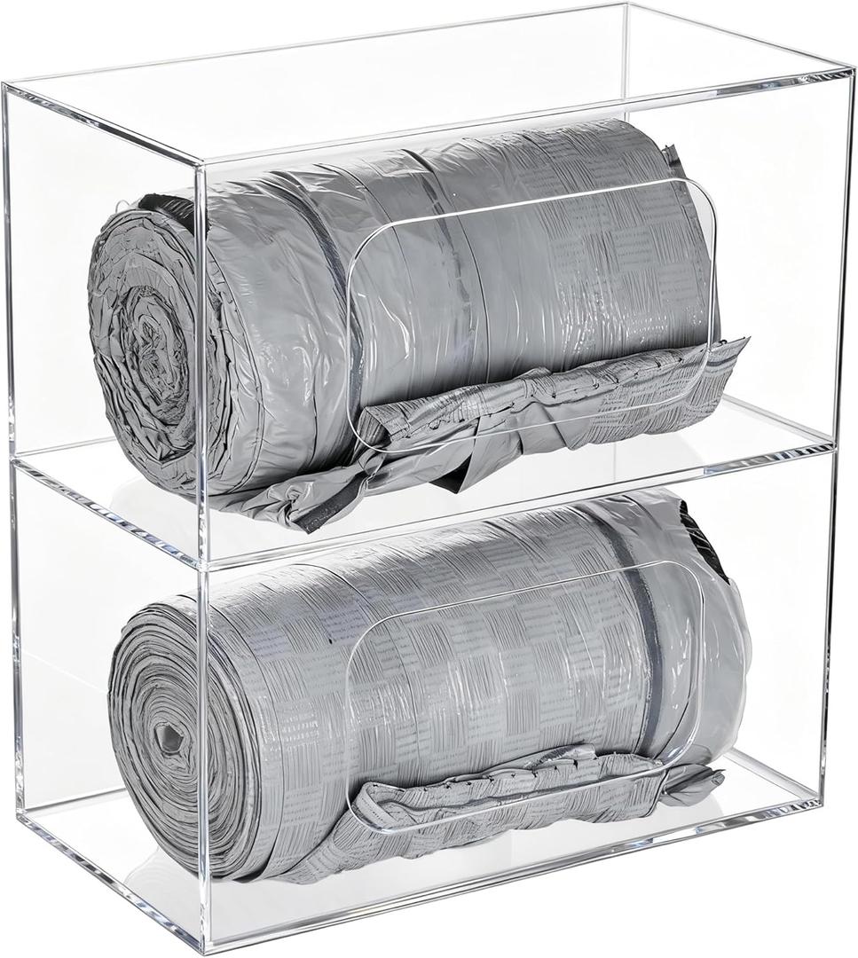 SEANADO Trash Bag Dispenser Roll Holder, 2 Compartment Wall Mount Acrylic Kitchen Double Side Loaded Organizer Storage Box Holder for Garbage and Grocery Bags (10.4 x 5.5 x 11inches)