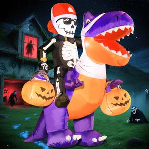 DomKom Halloween Inflatable Blow Up Decorations, 6FT Skeleton Knight Riding Dinosaur, Built-in LEDs for Holiday Party, Garden, Lawn, Yard, Patio Décor