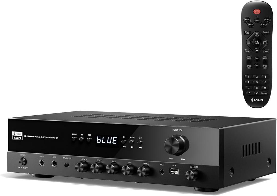 Donner Stereo Receivers, 5.1 Channel Audio Amplifier with Bluetooth 5.3, Optical/Coaxial, USB, FM, 2 Mic-in, Echo, RCA, AC-3 Input for Home, Karaoke, Theater Speakers, 60W/4R & 25W3 RMS, MAMP4