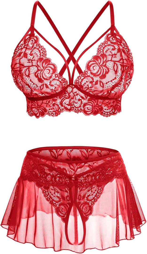 CRIPOM Sexy Lingerie for Women Naughty 3 Piece Lace Bralette, Mini Skirt with G-String Crotchless Lingerie Outfits (Medium, Red)