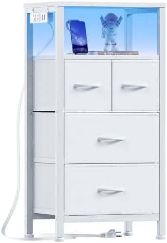 Furnulem 4 Drawer Dresser with Led Light and Charging Station, White Night Stand with Storage Shelf and Fabric & PVC Drawer, 33 Inch Bedside Table, Tall Nightstand for Entryway, Bedroom Furniture