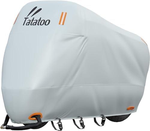 TATATOO Motorcycle Cover Waterproof Outdoor, 300D Heavy Duty, UV & Rain Resistant, 3 Wind-Resistant Buckles, Dual Lock Holes, Includes Storage Bag, Fits Most Motorcycles/Scooters up to 86.6",Silver
