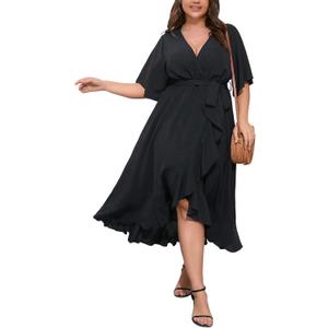 SCOMCHIC Women Plus Size Maxi Dress Short Sleeve Wrap V Neck High Low Split Ruffle Long Dress (XX-Large Plus, Black)