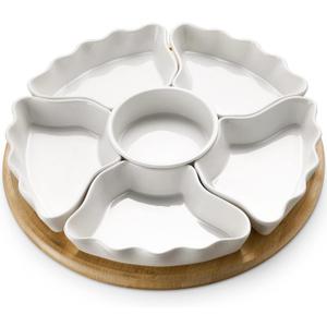 DOWAN 360 Rotatable Serving Tray and Platters, 12 Inch Divided Serving Bowls for Party, Kitchen Decor, Removable Serving Dishes for Chips and Dip, Fruit, Veggies, Candy and Snacks, 7 Pieces, White