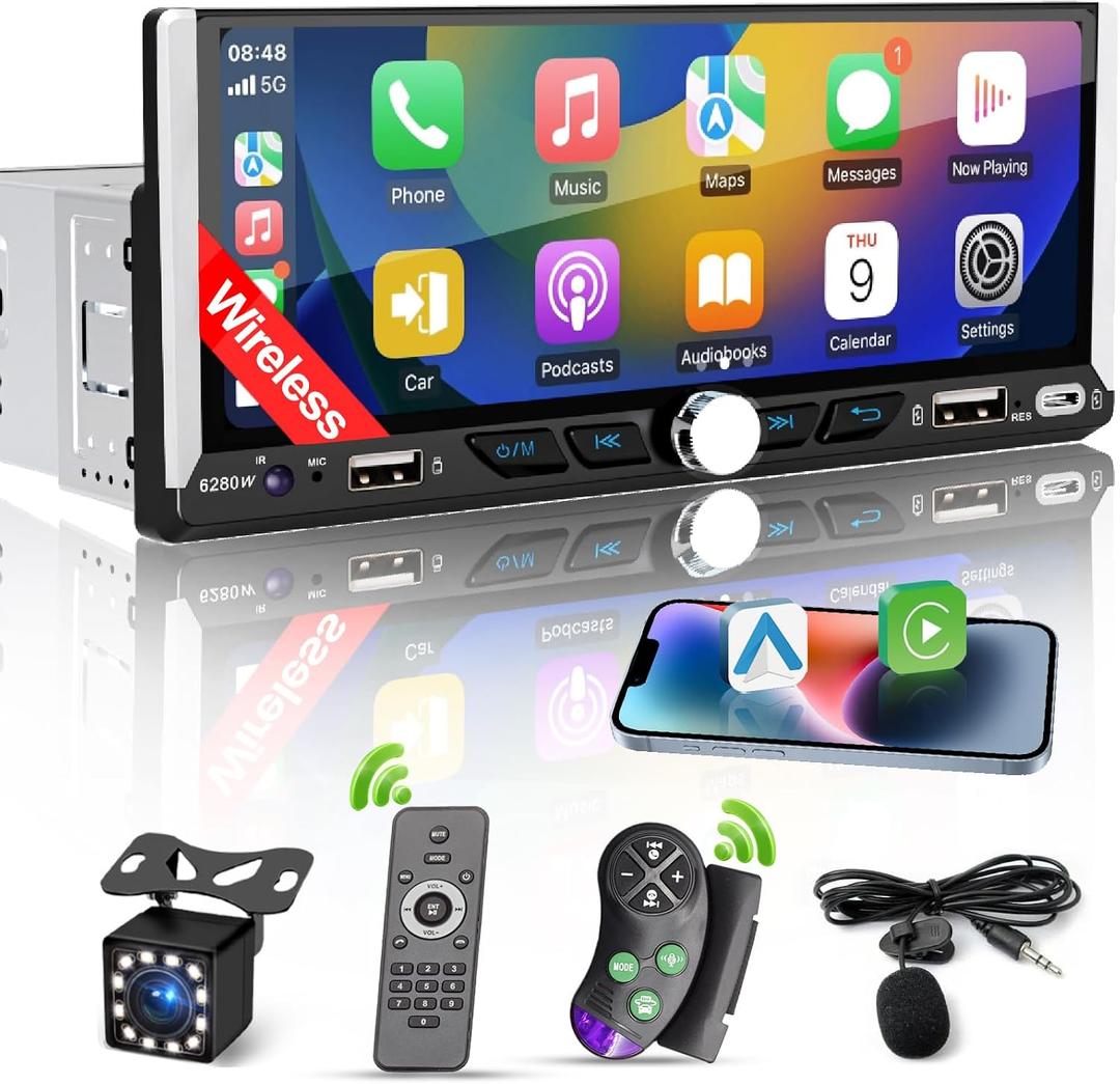 Single Din Car Radio Compatible with Wireless Apple CarPlay, Car Stereo with 6.9'' IPS Touchscreen,Bluetooth,FM AM Radio,GPS Navigation,Type-C/Dual USB 2.1A Fast Charge/Rear View Camera,MP5