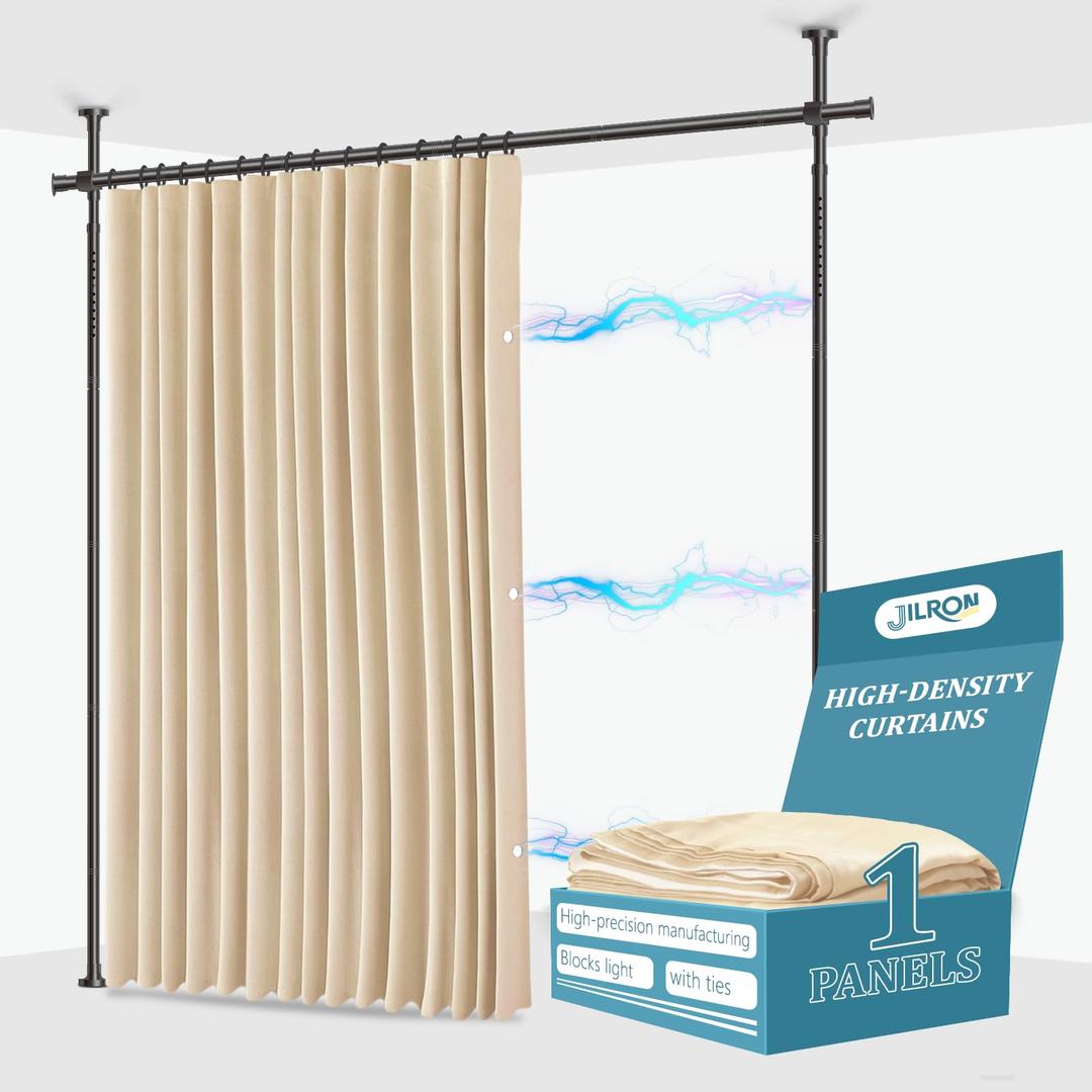 JILRON No-Drill Room Divider Curtains Set: Includes 106" W x 84" L Beige Curtain 2-Panel & Adjustable Pole Brackets (72-200" W x 43-120" H Adjustable Range)