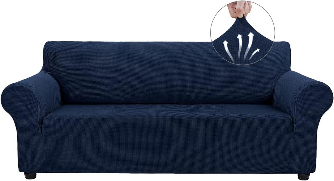 Asnomy Couch Covers for 3 Cushion Couch Stretch Sofa Covers Slipcovers, Pet Protector Furniture Covers for Dogs Cats Spandex Jacquard Fabric Small Checks Large Navy Blue