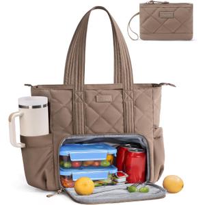 Lunch Tote Bag for Women, 3 in 1 Work Bag with Lunch Compartment | Lightweight 15.6 Laptop Bag w/ 40oz Cup Holder, Puffer Lunch Box Women Cooler Purse for Office Picnic Travel Teacher Nurse