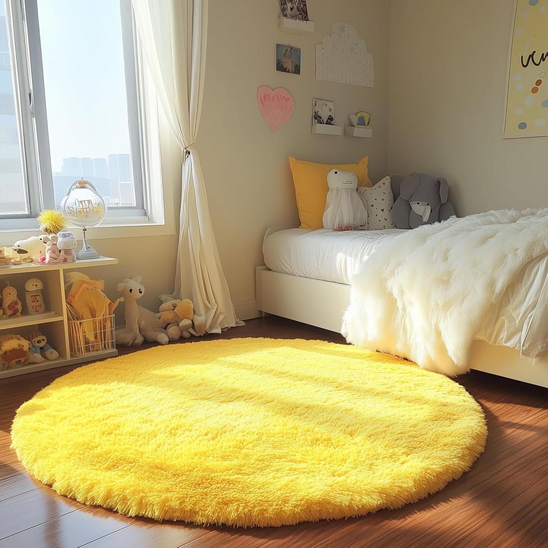 PAGISOFE Round Area Rugs 5Ft, Fluffy Yellow Carpets for Bedroom Girls,Cute Rug for Girls Room,Fuzzy Rug for Playroom,Circle Rugs for Kids Room,Shag Furry Carpet Rugs for Reading Nook, Baby Room