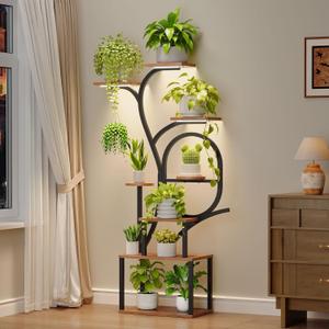 Plant Stand Indoor with Grow Lights - 60" Tall Plant Shelf, Indoor Plant Lighting Stands, 8 Tiered Flower Holder, S-Shaped Decorative Rack for Living Room, Rustic Brown and Black PSHR170E01 