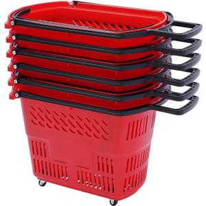 TBVECHI 6PCS Shopping Carts with Wheels and Handle, 35L Red Shopping Basket Plastic Rolling Shopping Basket, Portable Shopping Basket Set in Supermarkets and Retail Stores