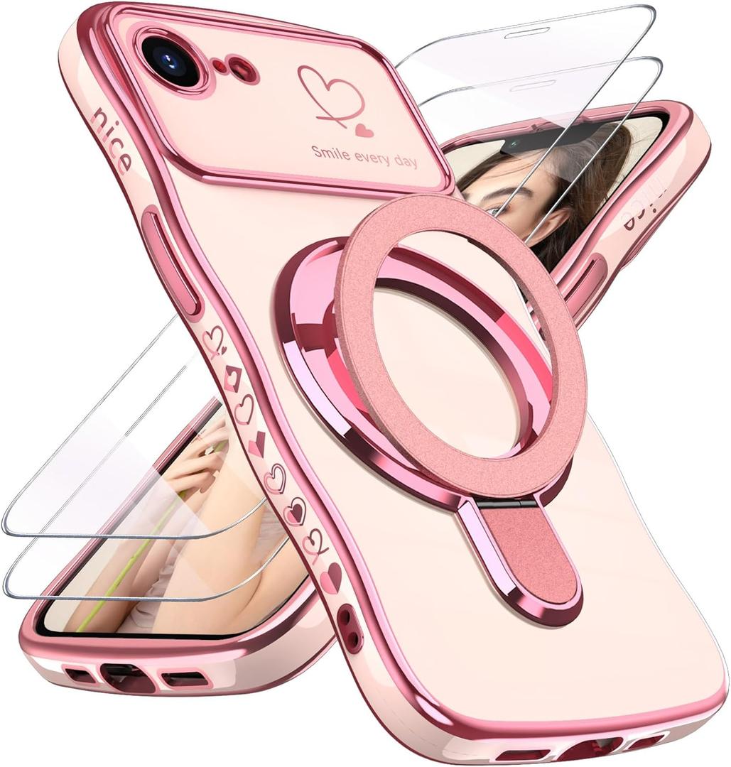 for iPhone 17e/16e Case with Screen Protector: Luxury Plated Gold Cute Wavy Edge Love Heart Pattern Kickstand Case, Slim Soft TPU Shockproof Protection Cover for iPhone 16e/17e (Pink)