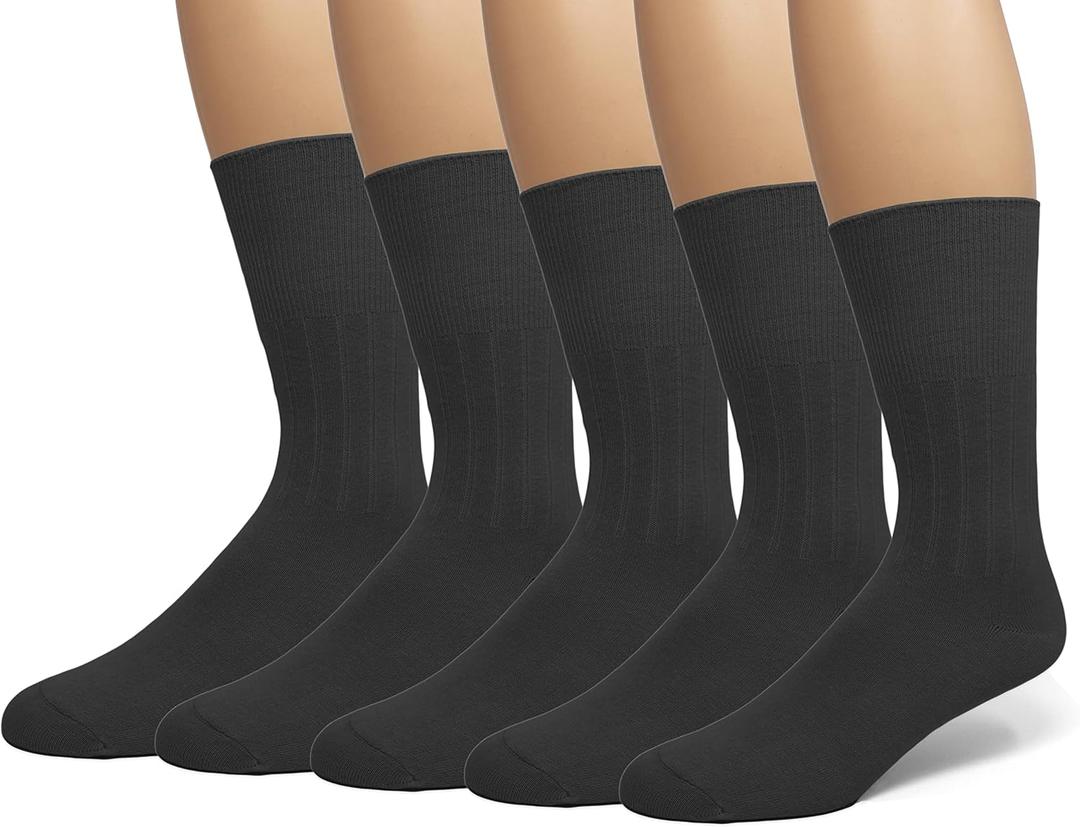 EMEM Apparel Men's Diabetic Dress Crew Cotton Socks | Non-Binding Loose Top | Seamless Toe (9-11, Black, 5-pack)